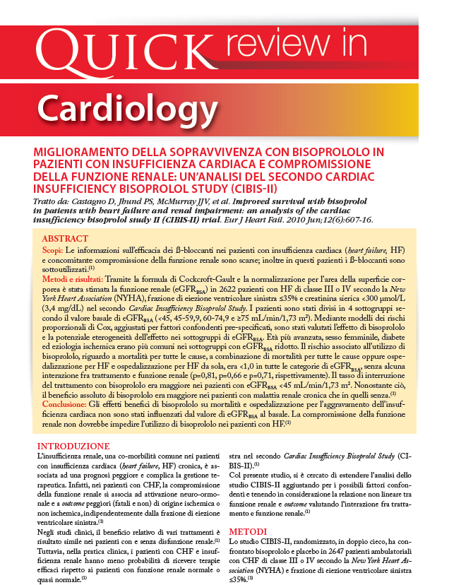 Miglioramento della sopravvivenza con bisoprololo in pazienti con insufficienza cardiaca e compromissione della funzione renale: un’analisi del secondo Cardiac Insufficiency Bisoprolol Study (CIBIS-II)